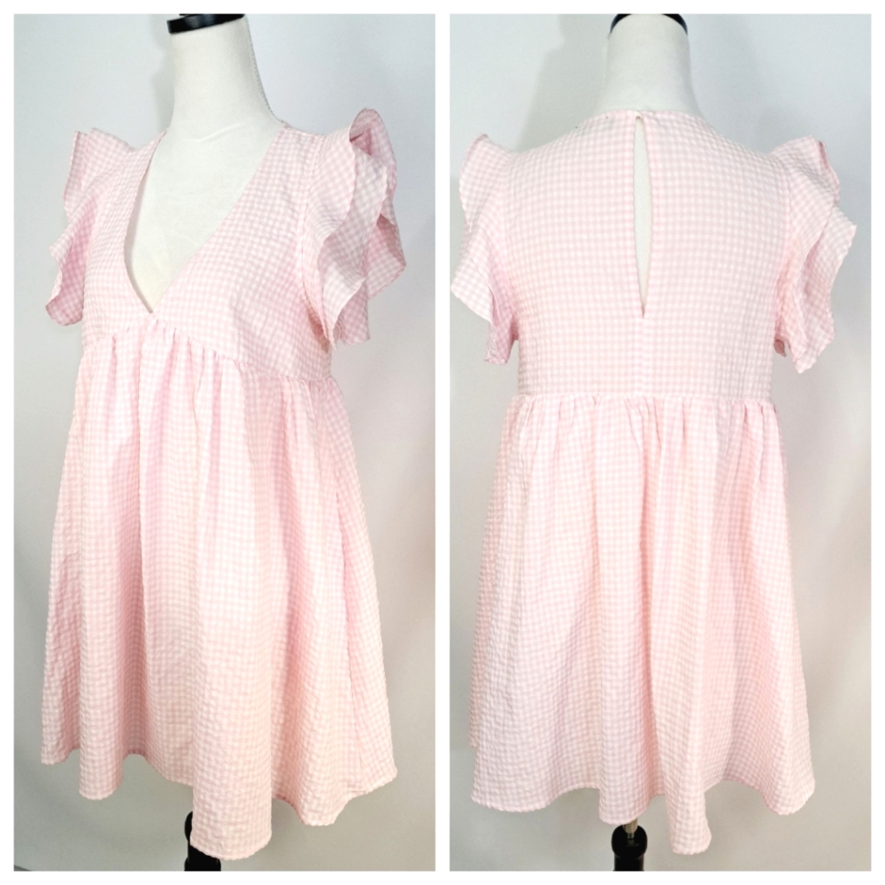 AAKAA Pink Gingham Plaid Mini Babydoll Dress with Ruffle Cap Sleeves and Pockets
